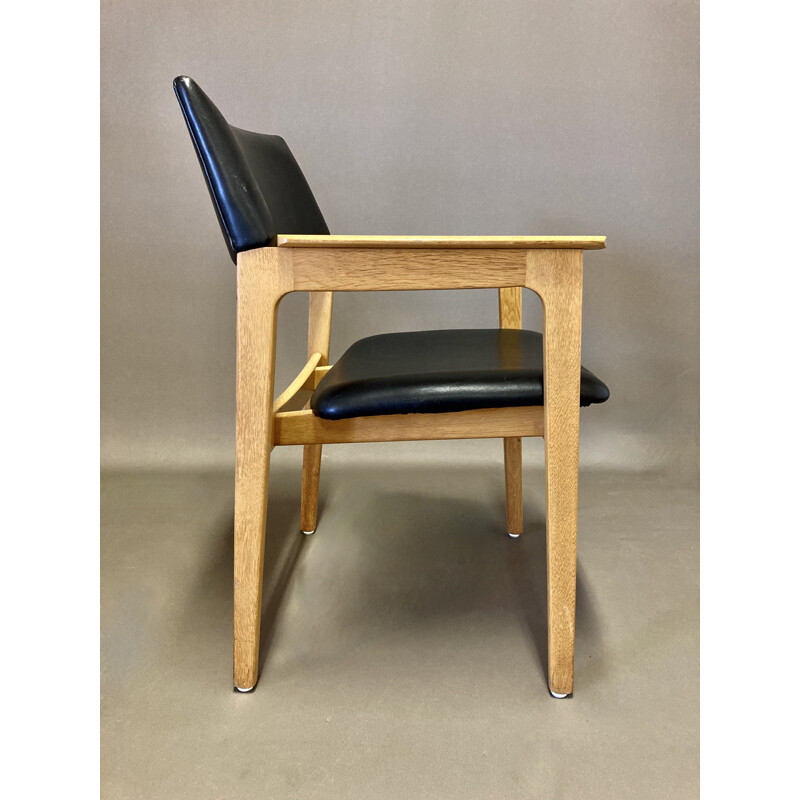 Scandinavian vintage black leather and oakwood armchair, 1950