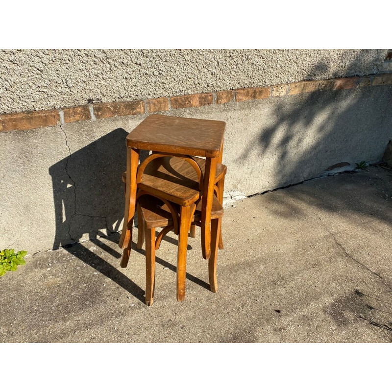 Set of 3 vintage low wooden stools, 1960