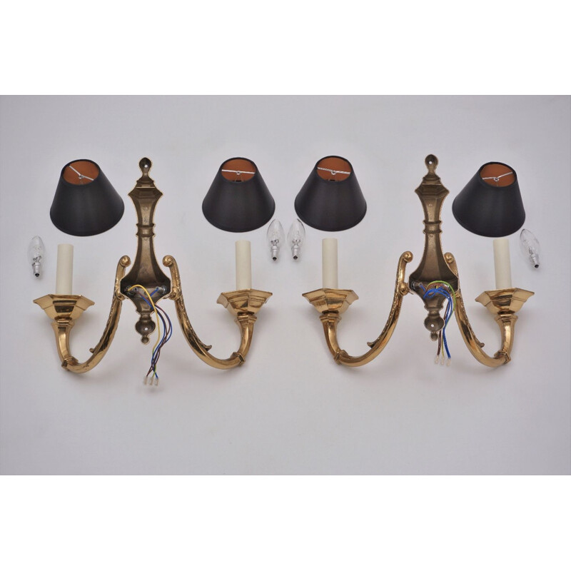 Pair of vintage brass wall lamps with twin arm, 1950s