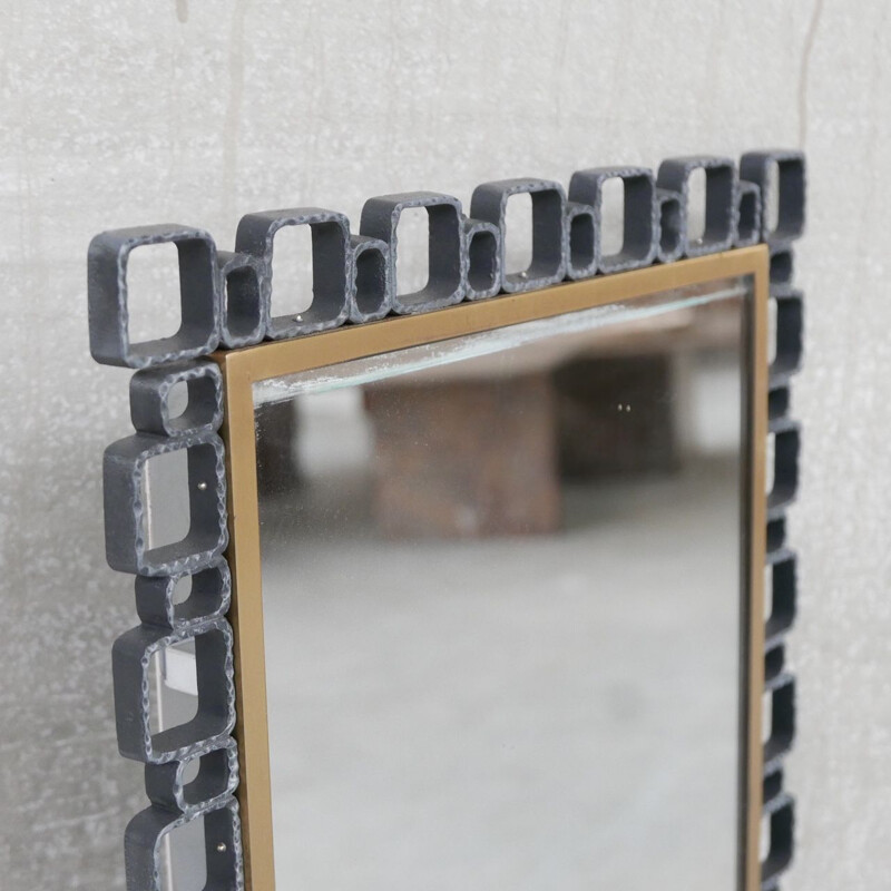 Miroir rétro-éclairé vintage brutaliste en fer, Belgique 1970
