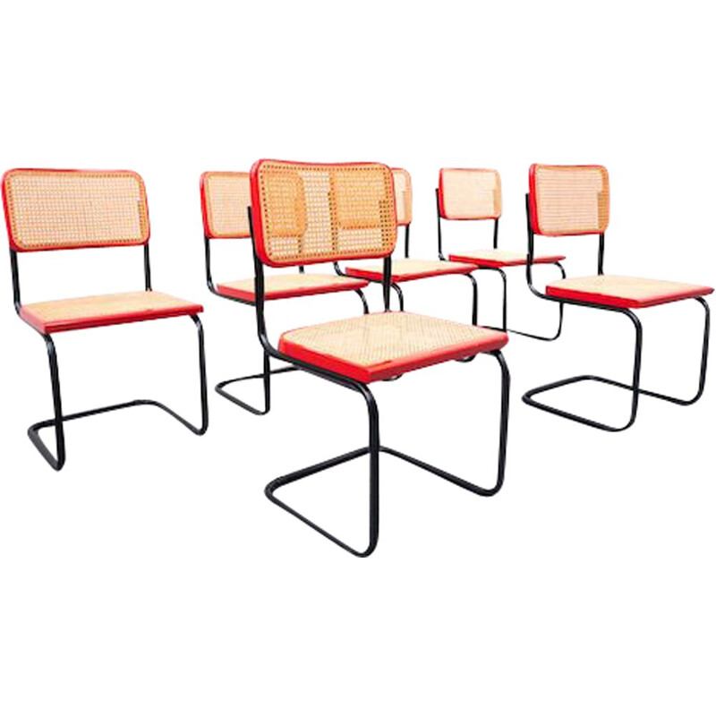 Ensemble de 6 chaises vintage rouges et cannées par Simon International, Italie 1960