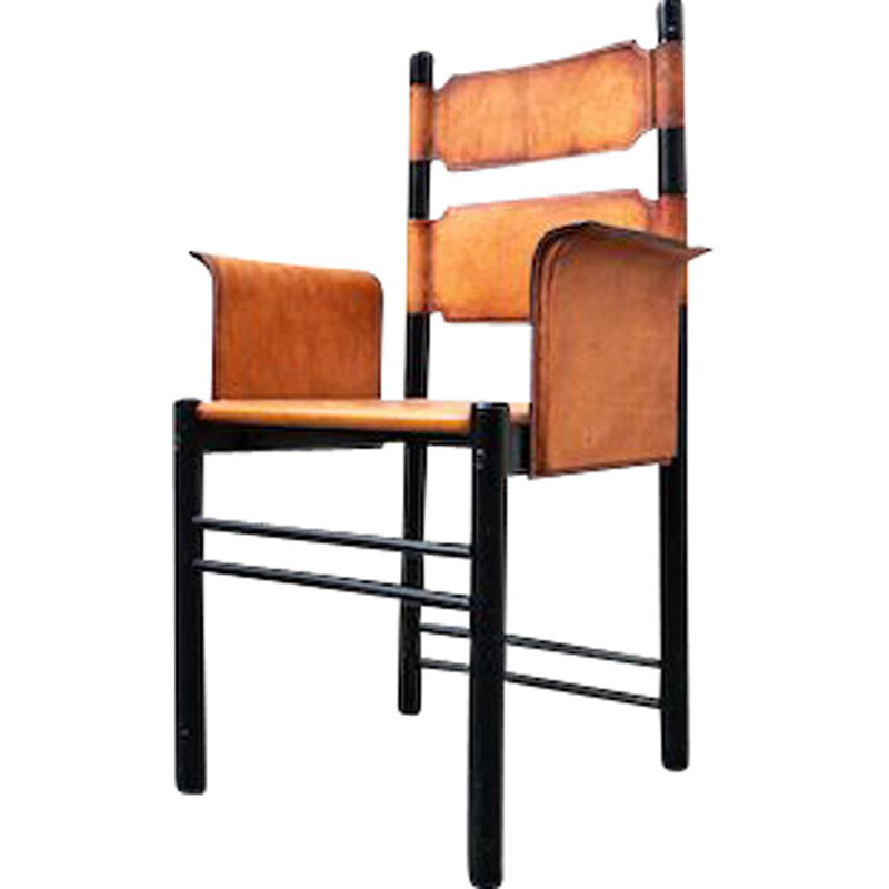 Vintage Italiaanse lederen en houten fauteuil, 1970