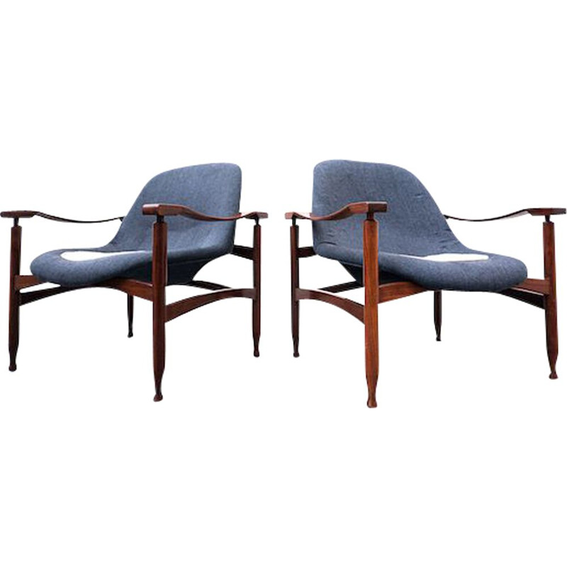 Paire de fauteuils bleus vintage en bois et tissu par Jorge Zalszupin, Brésil 1960