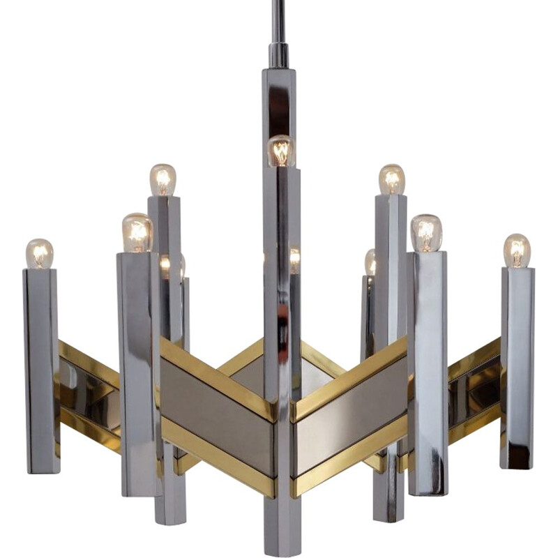 Vintage chandelier "Chevron" with 9 lights in brass & chrome by Sciolari, Italy 1970s
