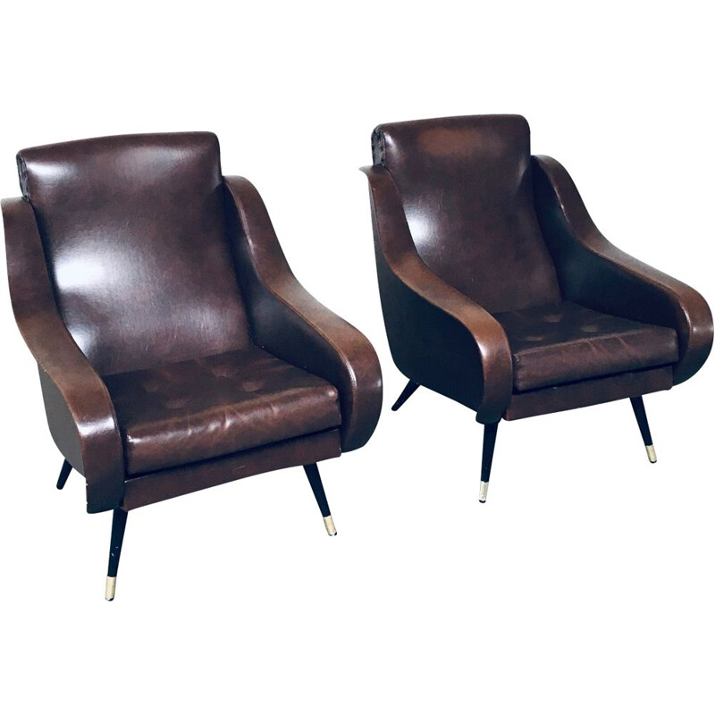 Pareja de sillones vintage de cuero marrón, 1950
