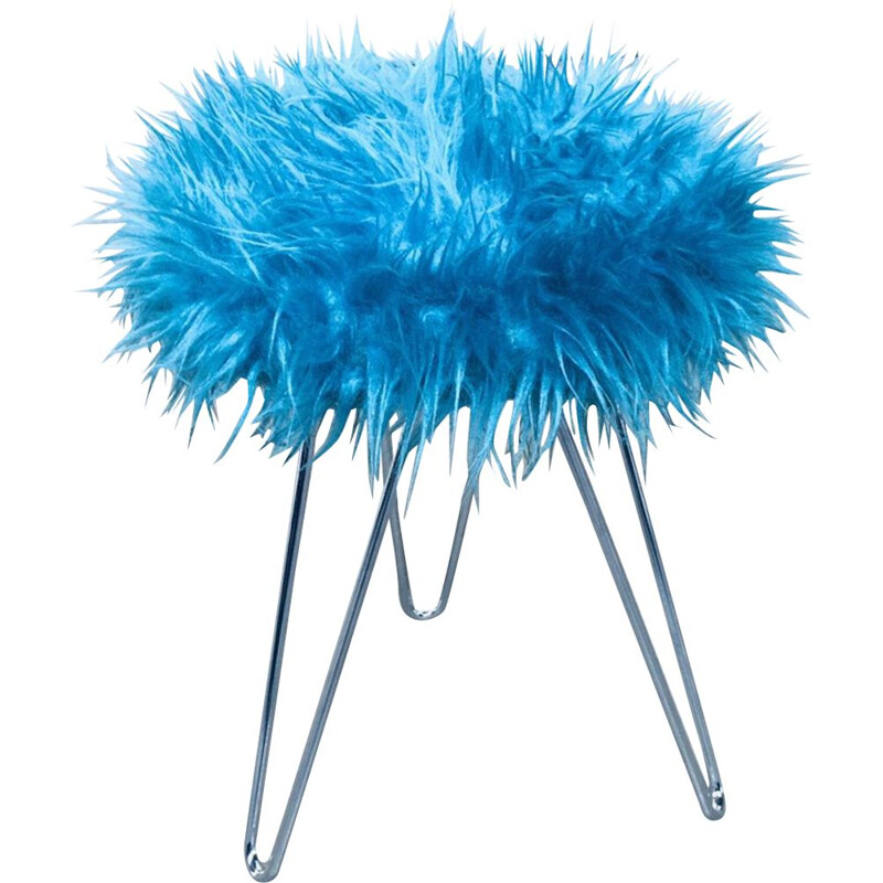 Tabouret tripode vintage Funky bleu électrique poilu, 1960