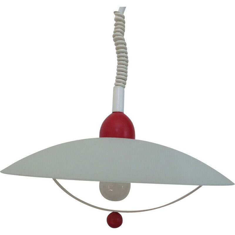 Vintage frosted glass and red lacquered wood pendant lamp, 1980