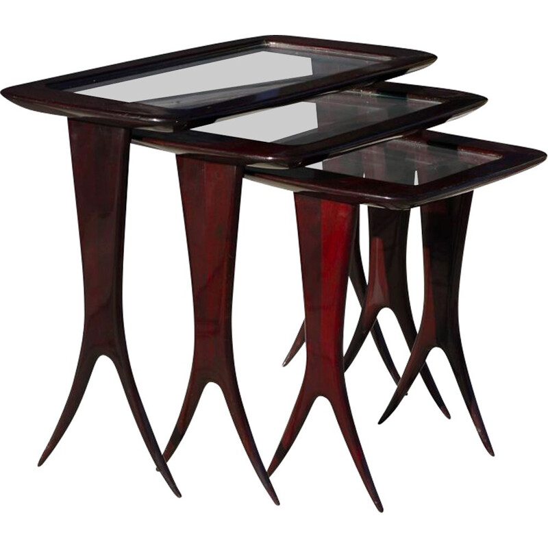 Tables gigognes vintage en bois  et verre par Raphaël Raffel, 1950