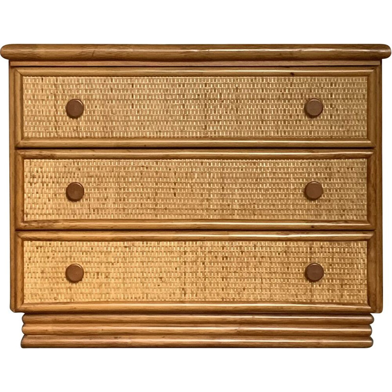 Vintage rattan and bamboo chest of drawers for Roche Bobois, 1980
