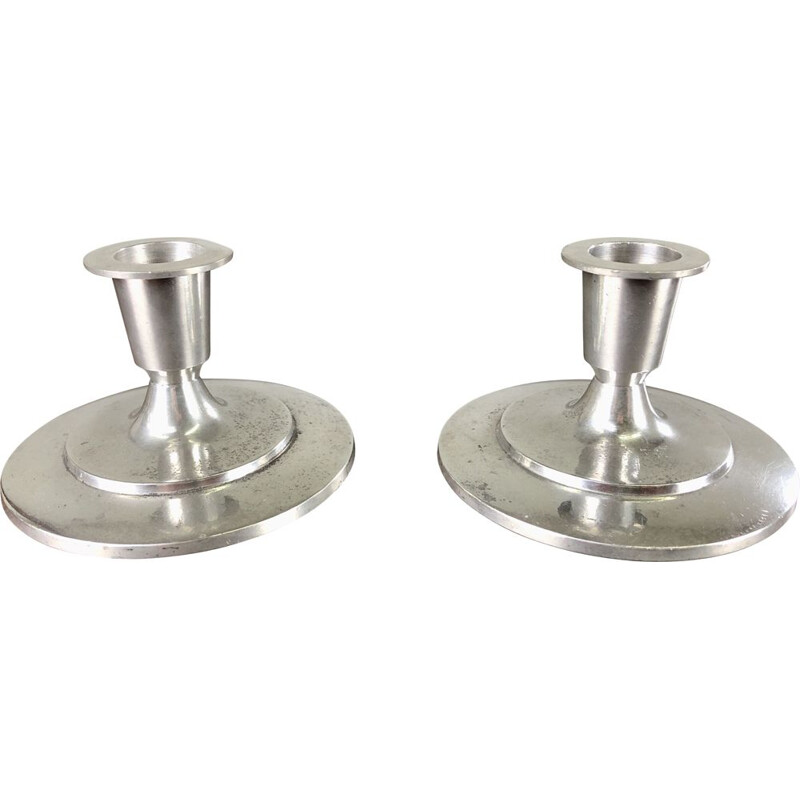 Pair of vintage art deco pewter candle holders by Just Andersen, Denmark 1930