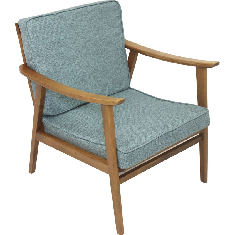 Scandinavian vintage beechwood and blue fabric armchair, 1960
