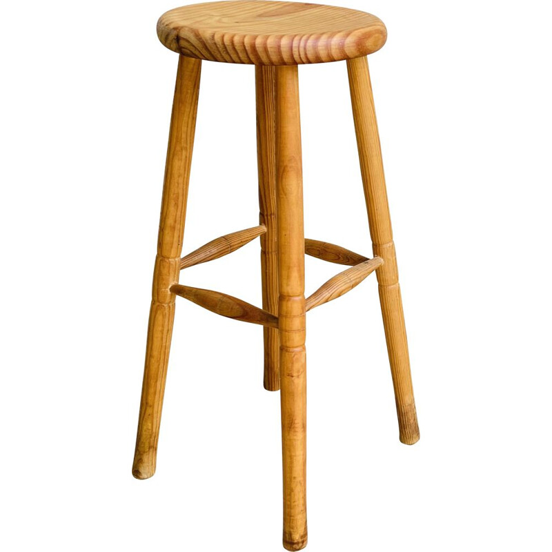 Tabouret haut vintage en bois tourné, 1970-1980