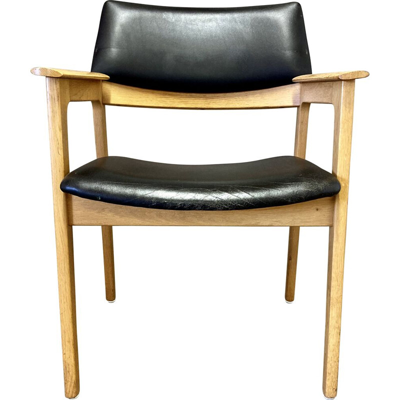 Scandinavian vintage black leather and oakwood armchair, 1950