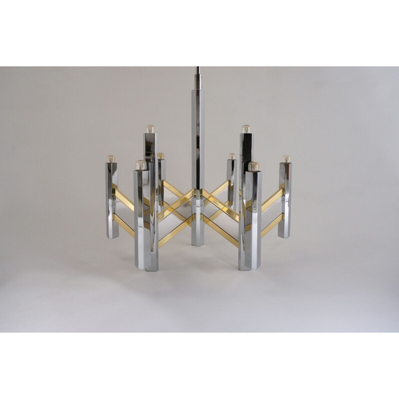 Vintage chandelier "Chevron" with 9 lights in brass & chrome by Sciolari, Italy 1970s
