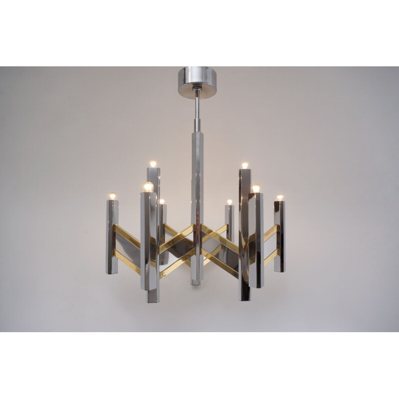 Vintage chandelier "Chevron" with 9 lights in brass & chrome by Sciolari, Italy 1970s