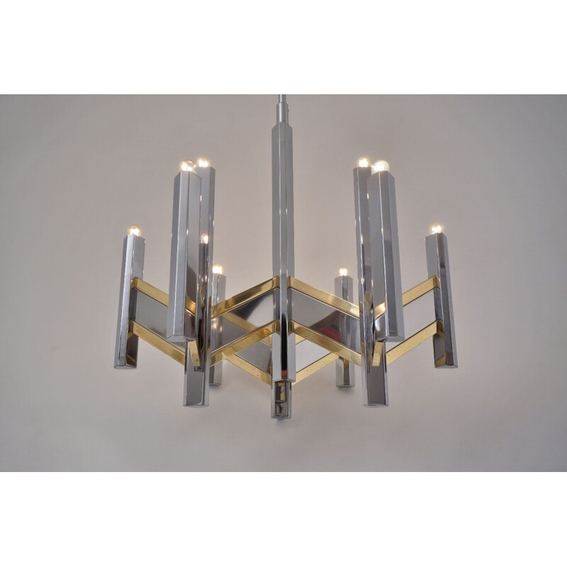 Vintage chandelier "Chevron" with 9 lights in brass & chrome by Sciolari, Italy 1970s