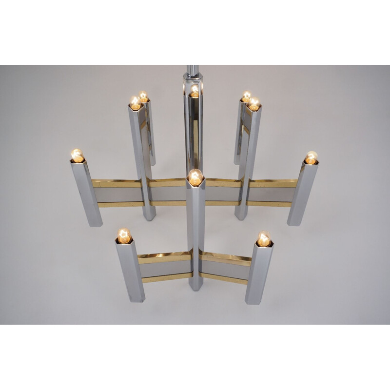 Vintage chandelier "Chevron" with 9 lights in brass & chrome by Sciolari, Italy 1970s