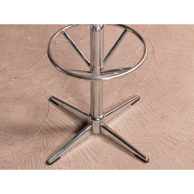 Vintage bar stool in blue-grey fabric with chrome steel legs