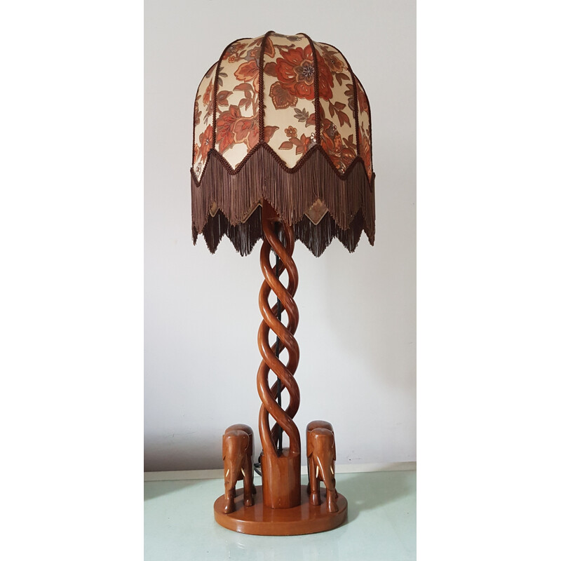 Vintage wooden table lamp with elephants and boho shade, 1970s