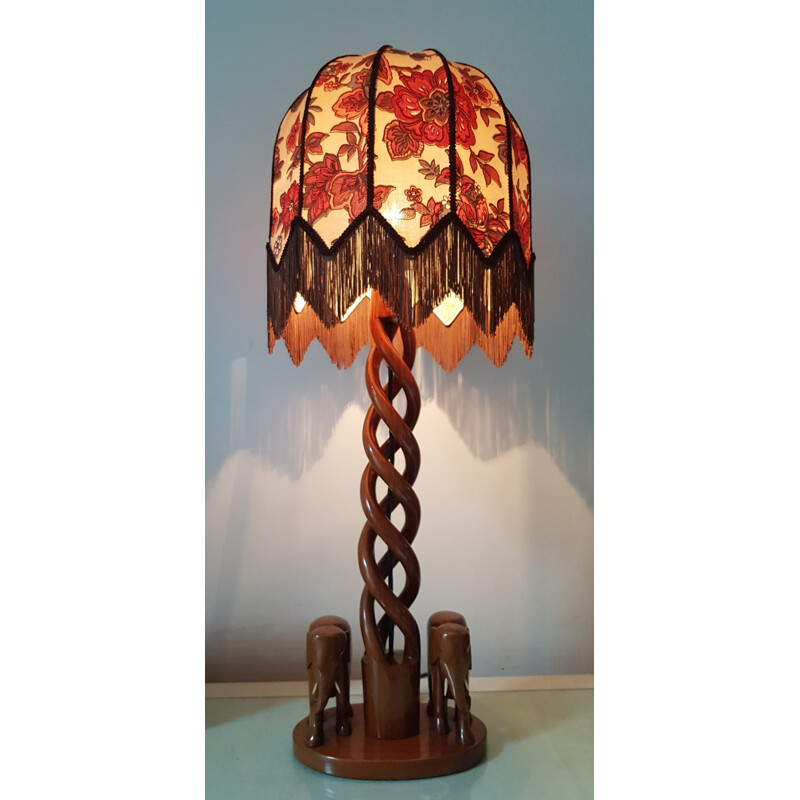 Vintage wooden table lamp with elephants and boho shade, 1970s