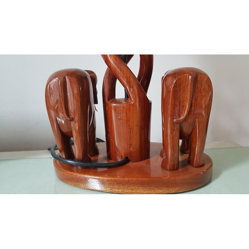 Vintage wooden table lamp with elephants and boho shade, 1970s