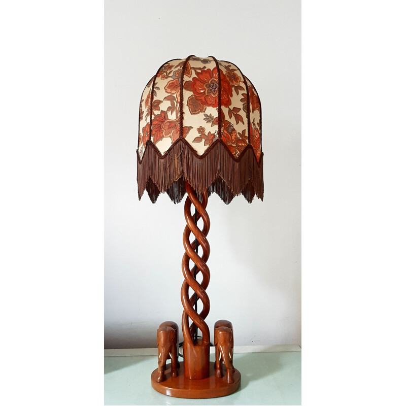 Vintage wooden table lamp with elephants and boho shade, 1970s