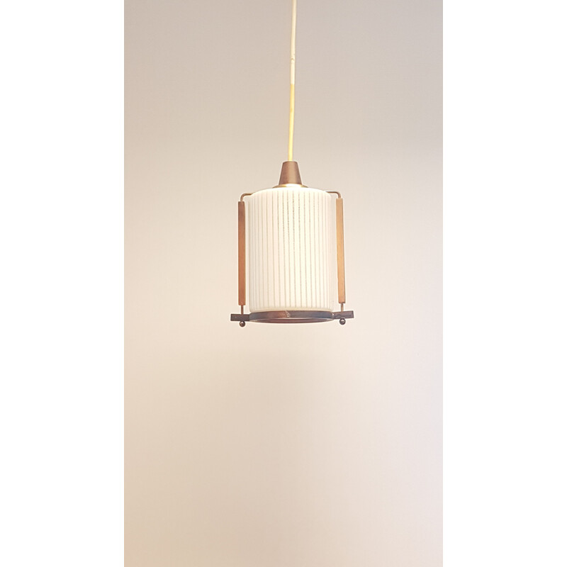 Vintage art deco pendant lamp in striped milk glass, brass and teak, Netherlands 1950