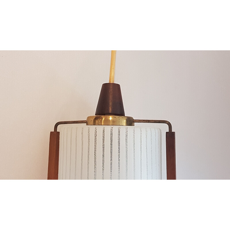 Vintage art deco pendant lamp in striped milk glass, brass and teak, Netherlands 1950