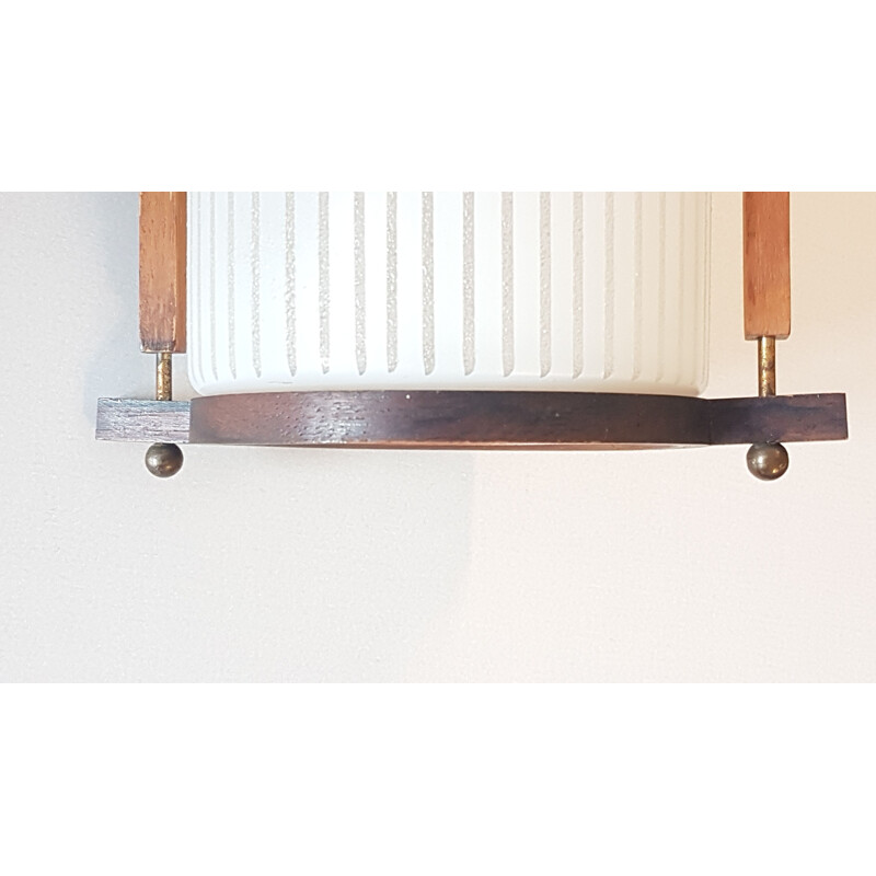 Vintage art deco pendant lamp in striped milk glass, brass and teak, Netherlands 1950