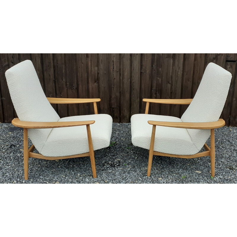 Pair of vintage armchairs in wood and loop pile fabric, 1950-1960