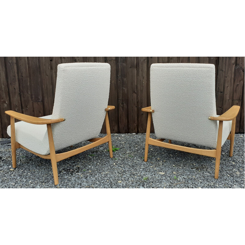 Pair of vintage armchairs in wood and loop pile fabric, 1950-1960