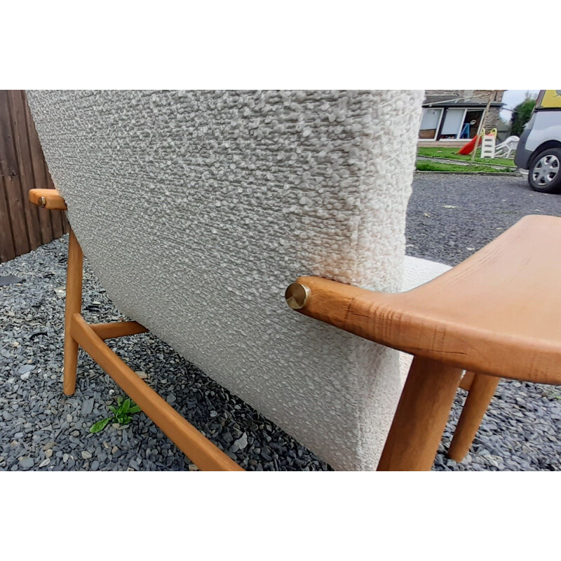 Pair of vintage armchairs in wood and loop pile fabric, 1950-1960