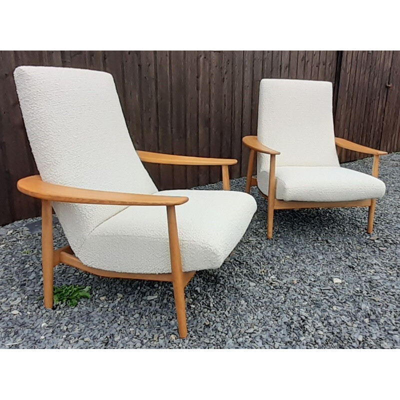 Pair of vintage armchairs in wood and loop pile fabric, 1950-1960