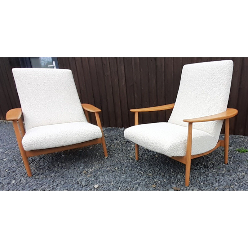 Pair of vintage armchairs in wood and loop pile fabric, 1950-1960
