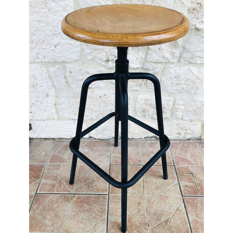 Vintage wood and metal screw stool, 1980