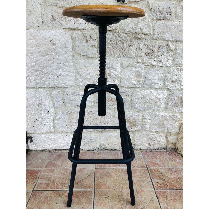 Vintage wood and metal screw stool, 1980
