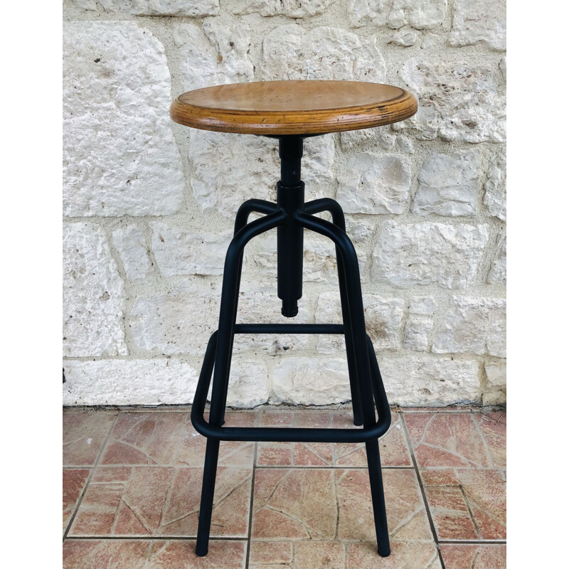 Vintage wood and metal screw stool, 1980