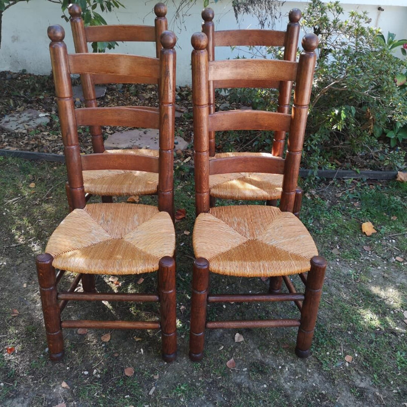 Set of 4 vintage rustic oakwood and straw chairs by Charles Dudouyt, 1940