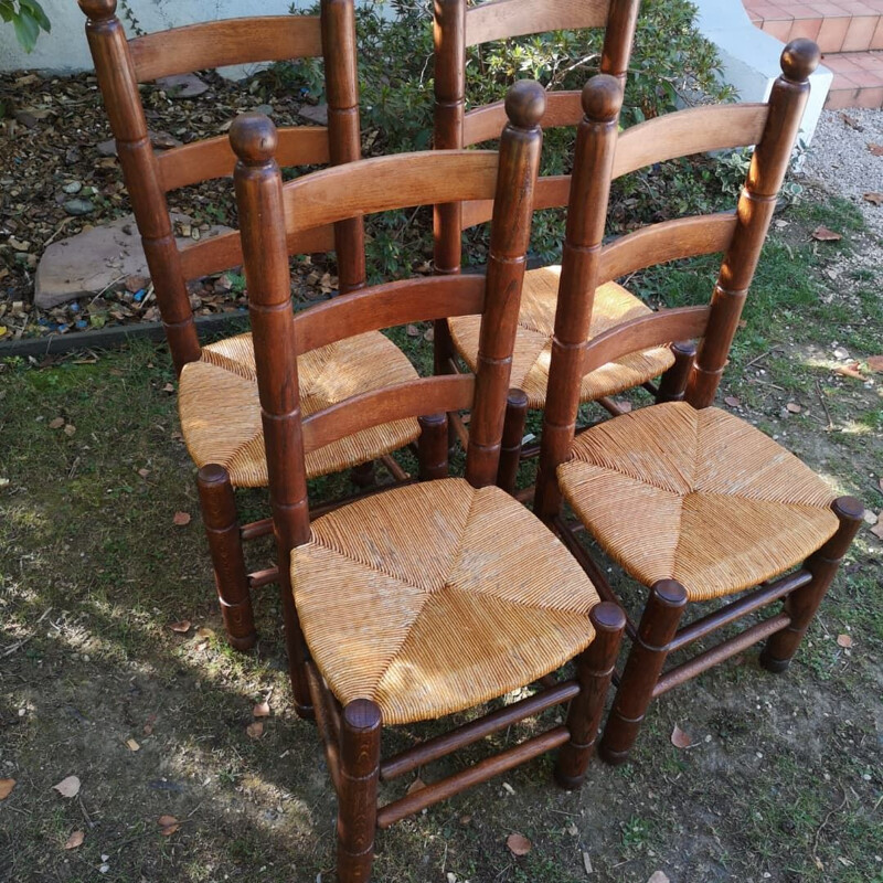 Lot de 4 chaises rustique vintage en chêne et en paille de Charles Dudouyt, 1940