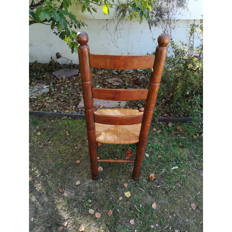 Set of 4 vintage rustic oakwood and straw chairs by Charles Dudouyt, 1940