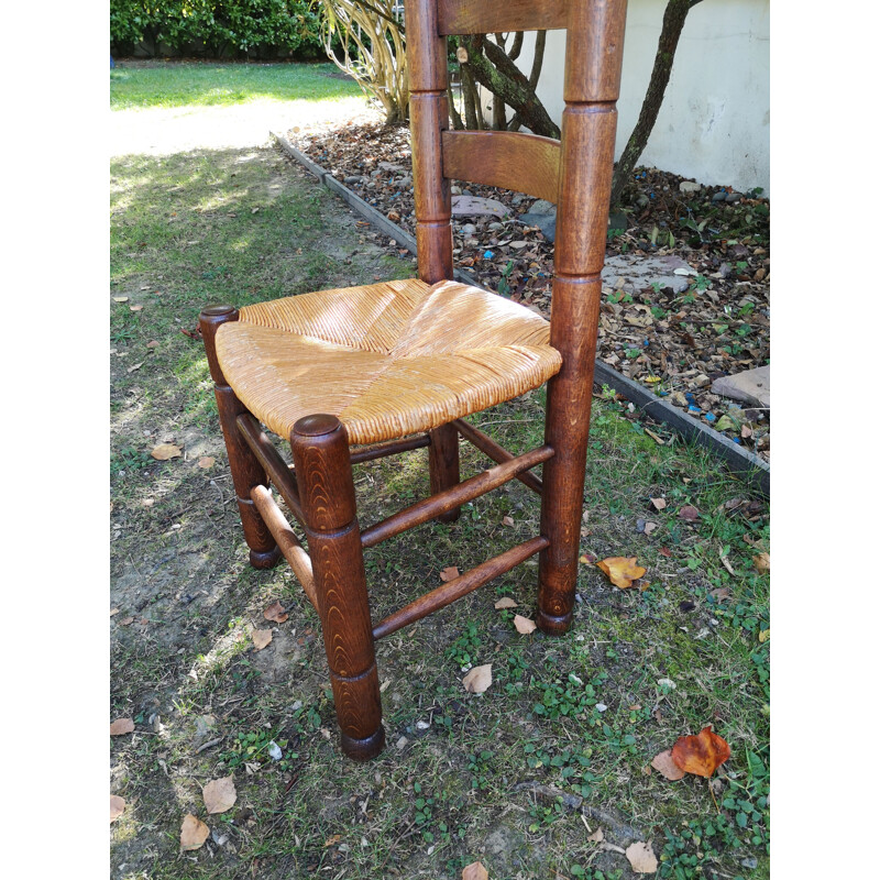 Lot de 4 chaises rustique vintage en chêne et en paille de Charles Dudouyt, 1940