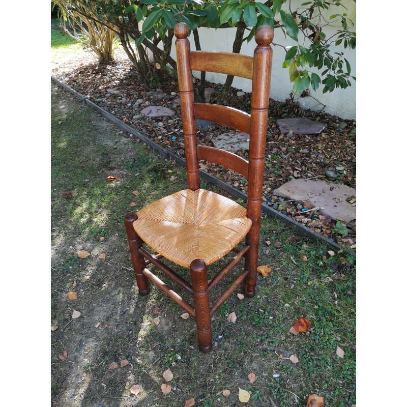 Set of 4 vintage rustic oakwood and straw chairs by Charles Dudouyt, 1940