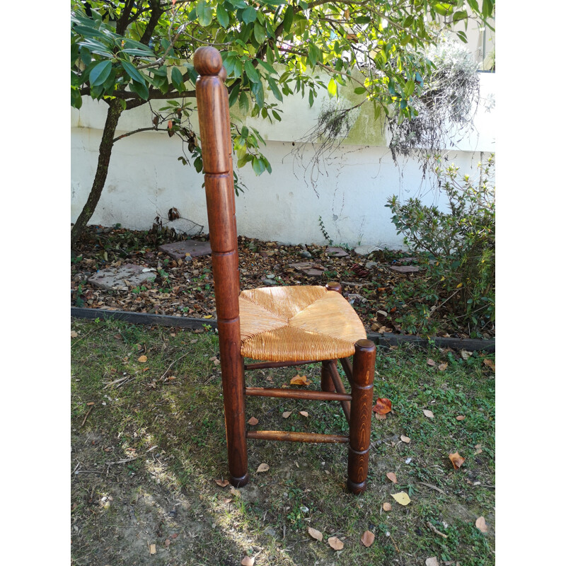 Set of 4 vintage rustic oakwood and straw chairs by Charles Dudouyt, 1940