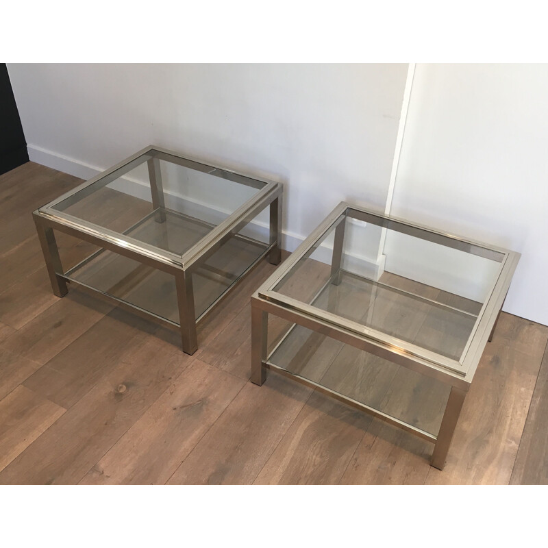 Pair of vintage chrome side tables with glass tops, 1970