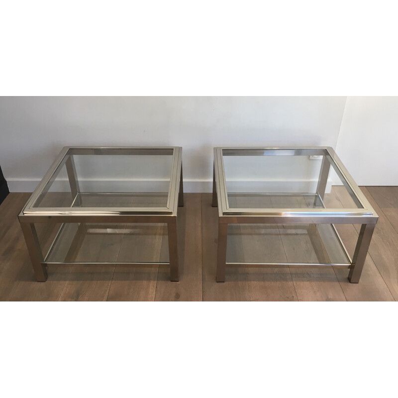 Pair of vintage chrome side tables with glass tops, 1970