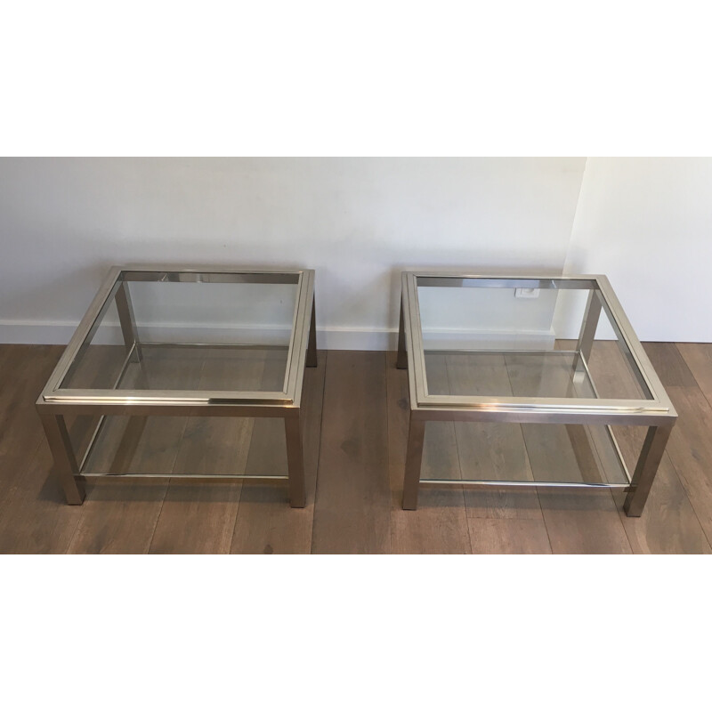 Pair of vintage chrome side tables with glass tops, 1970