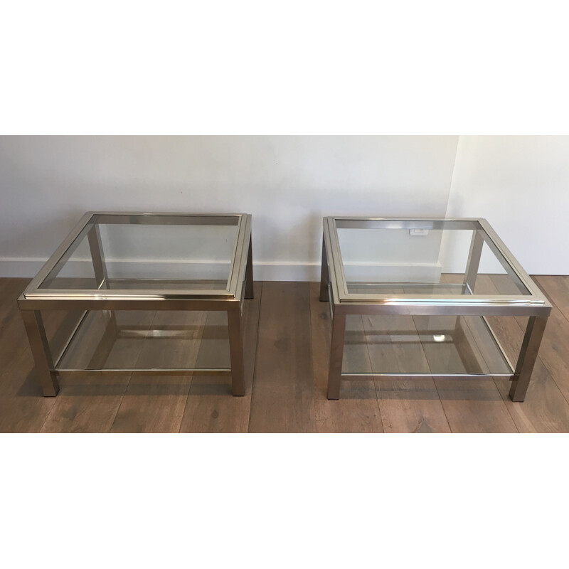 Pair of vintage chrome side tables with glass tops, 1970