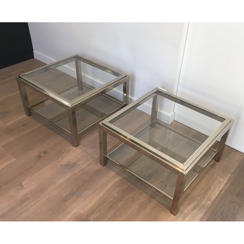 Pair of vintage chrome side tables with glass tops, 1970