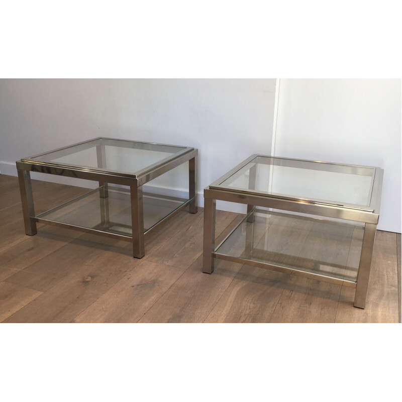 Pair of vintage chrome side tables with glass tops, 1970