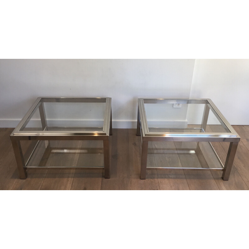 Pair of vintage chrome side tables with glass tops, 1970